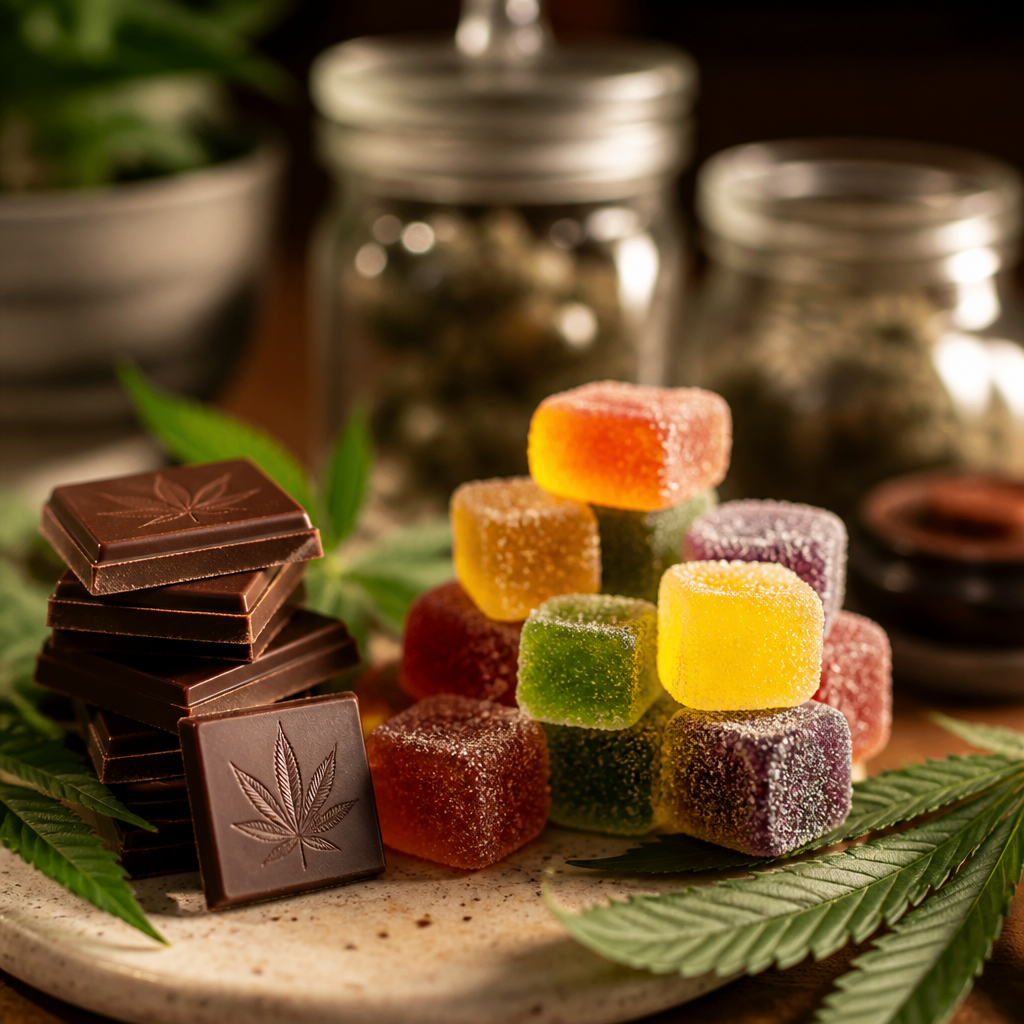 Assorted cannabis gummies and chocolates on display