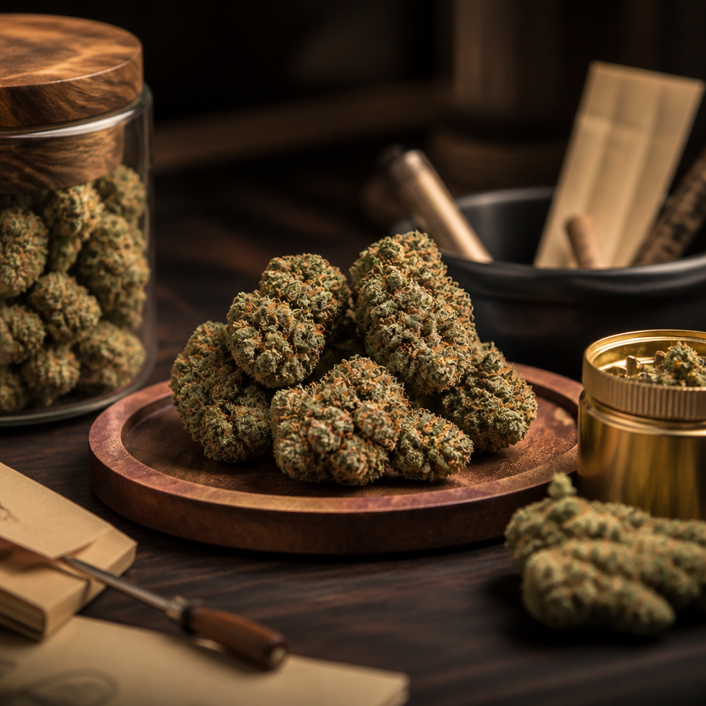 Curated display of premium cannabis flower and accessories