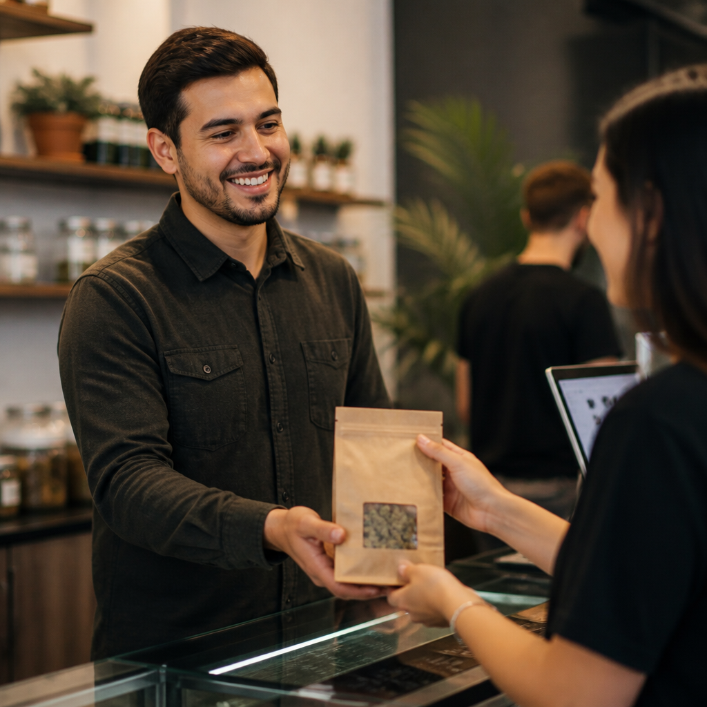 Customer receiving cannabis order at dispensary counter