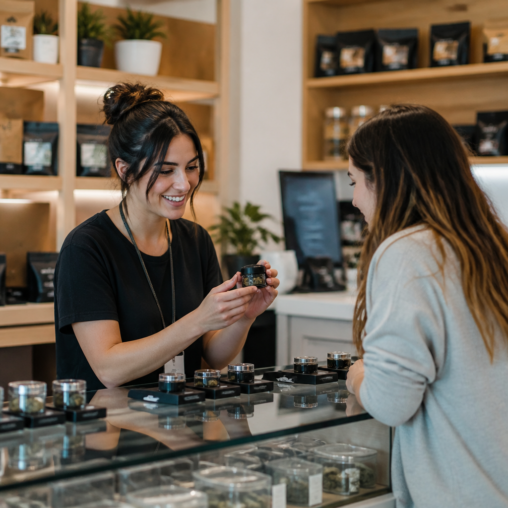 Daawegamig dispensary staff helping a customer choose cannabis products