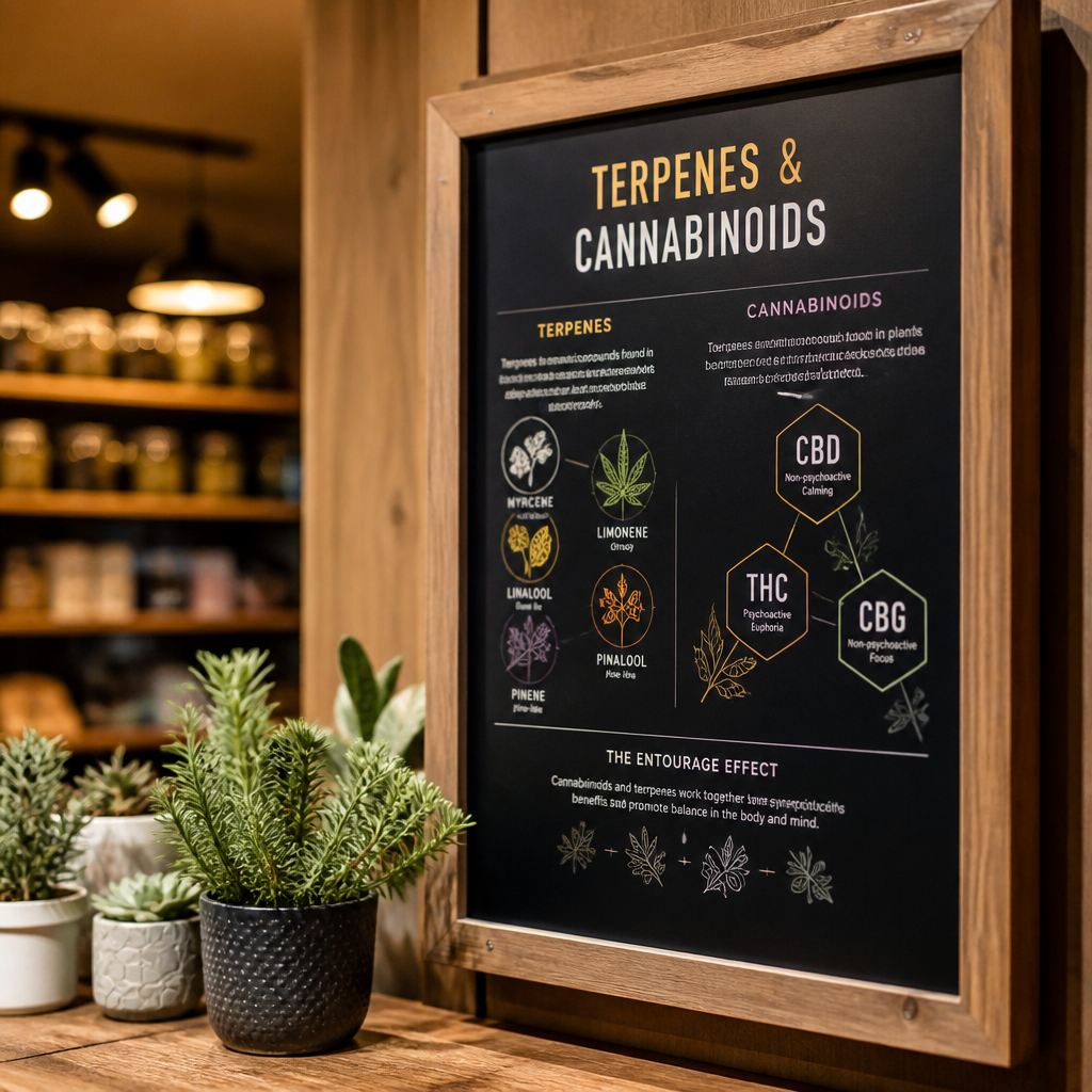 Educational signage about terpenes and cannabinoids