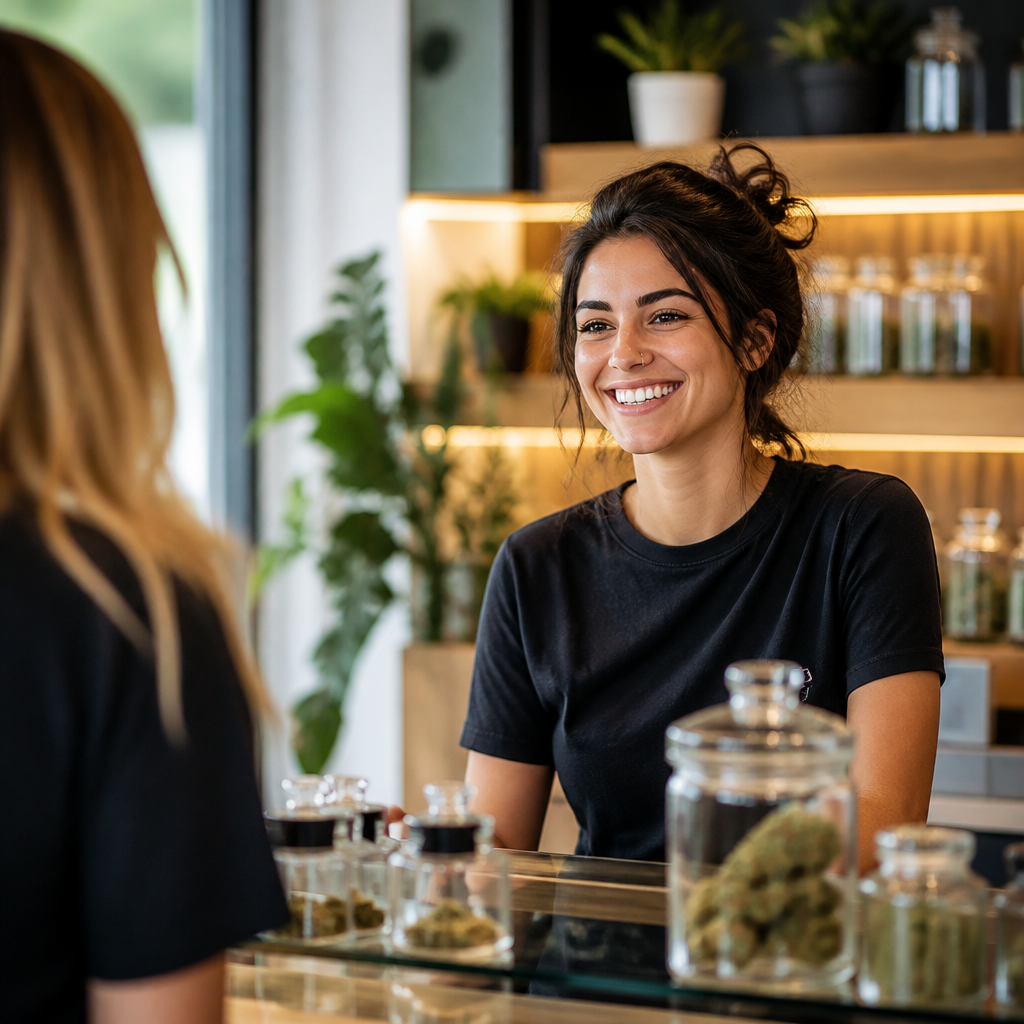 Friendly budtender smiling behind the counter