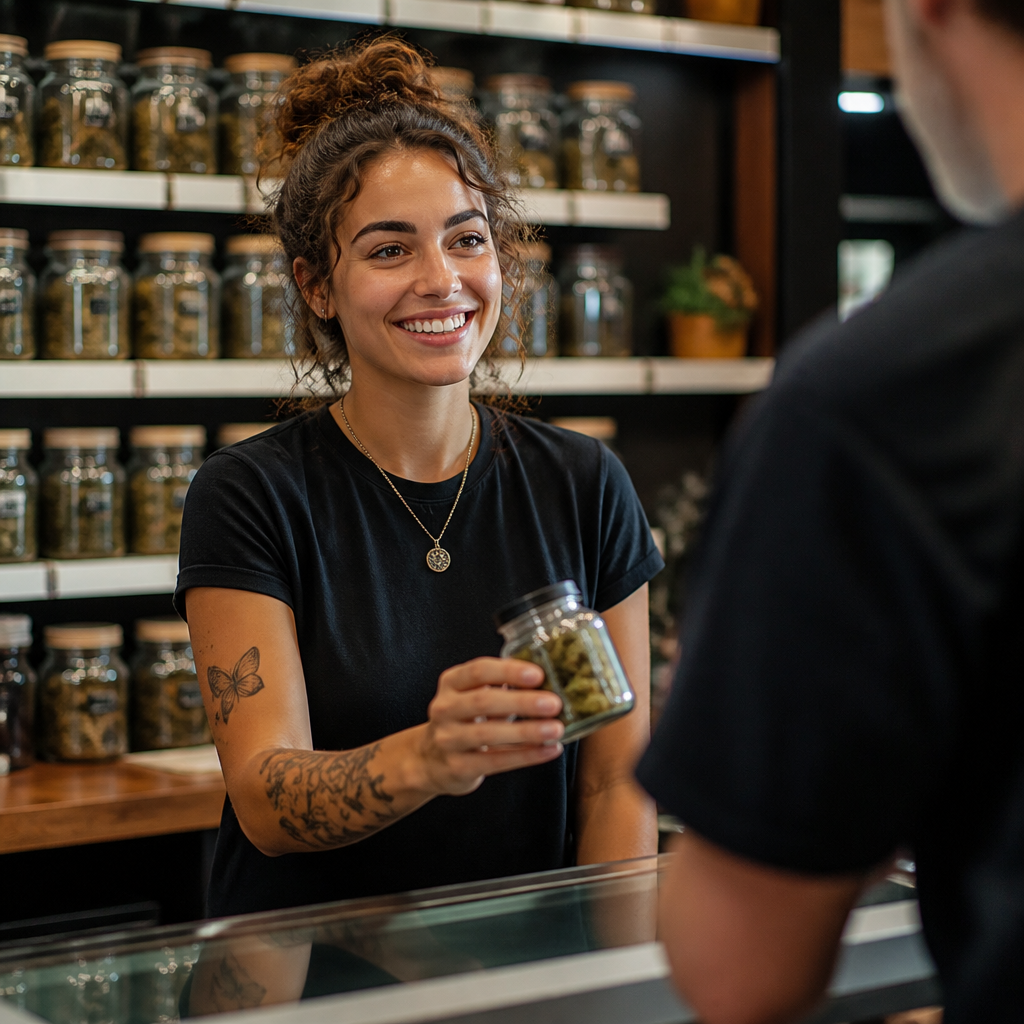 Friendly Daawegamig budtender smiling behind the dispensary counter