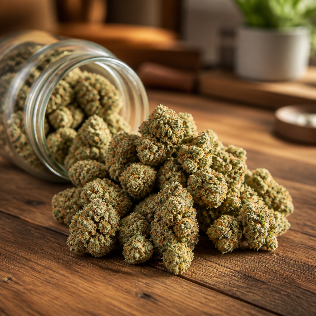 Premium cannabis flower ounce deal displayed on a wooden table