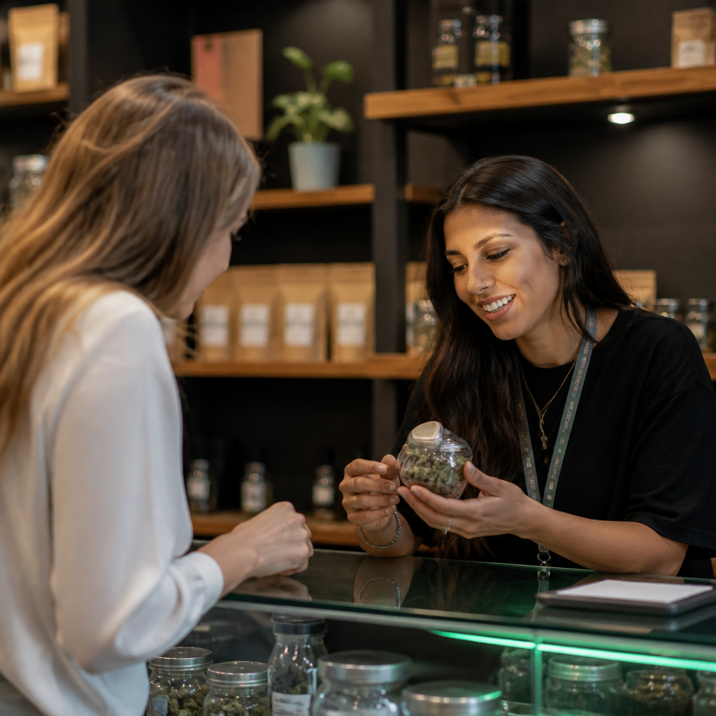 Store manager assisting a customer with cannabis selection